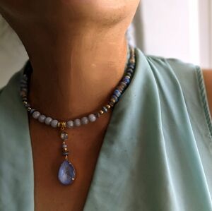 Light Blue Jade & Czech Picasso Beads W/ Swarovski Pendant In Blue Necklace